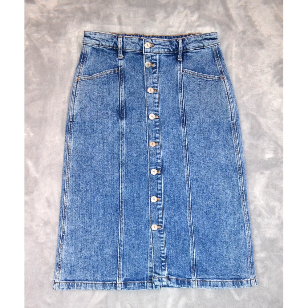 Old Navy Skirt Women's Size 0 Blue Denim A-Line Midi Button Front Waist 28" - Picture 2 of 11